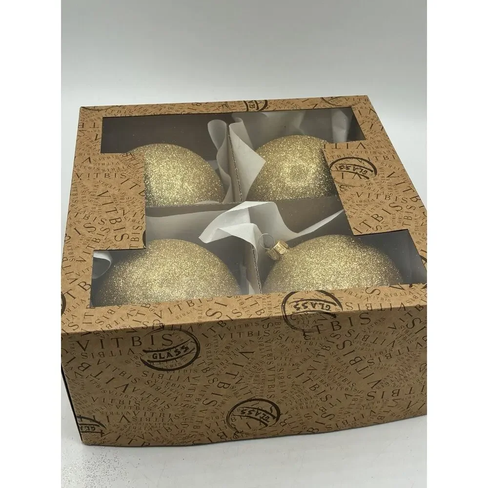 Vitbis Poland Glass Christmas Ornaments Set/4 Gold Glitter Balls